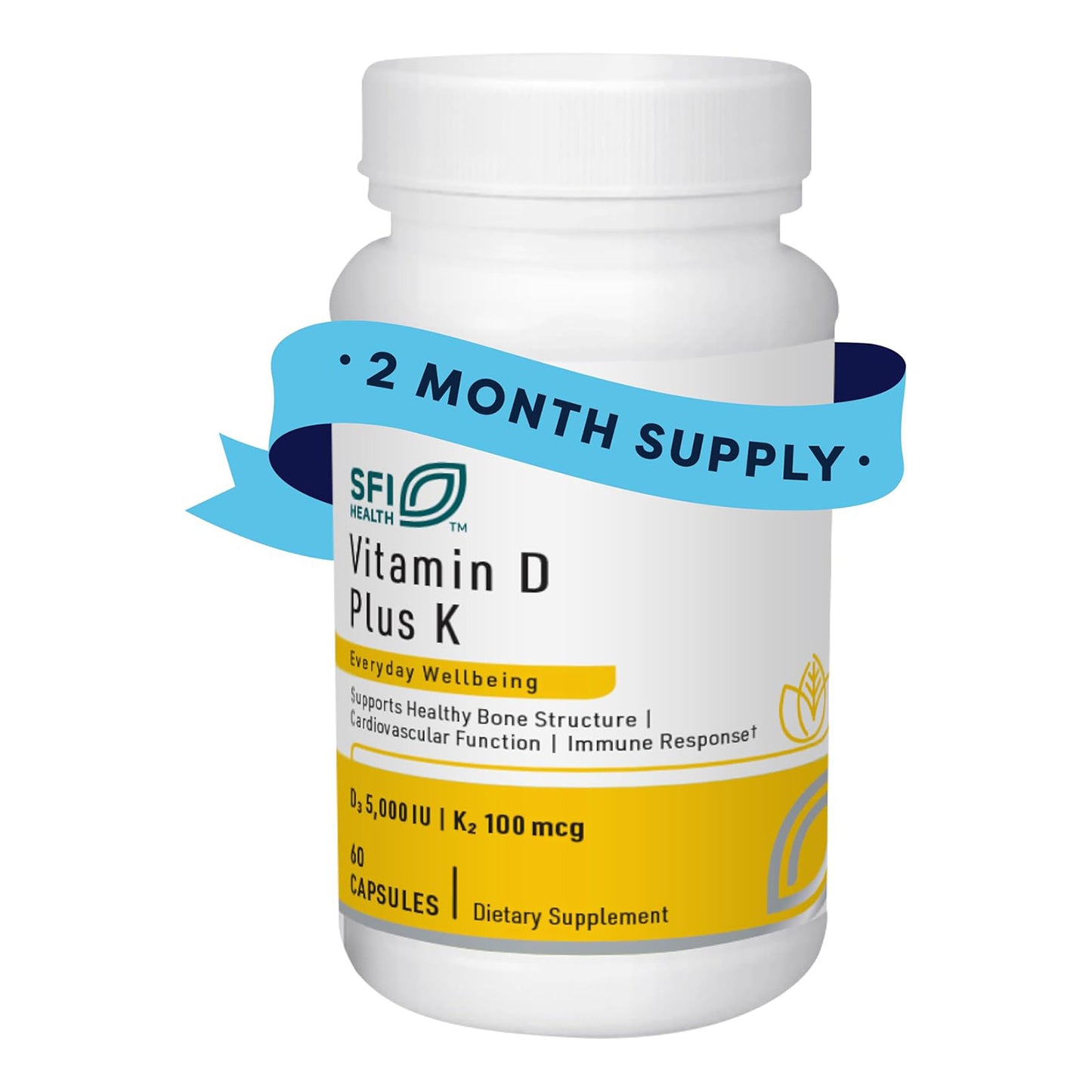 Klaire Labs SFI Health Vitamin D Plus K - Bioavailable Vitamin K2 D3 Supplement for Bone & Immune Support - Each Capsule Delivers D3 5000 iu & K2 100 Mcg (60 Capsules)