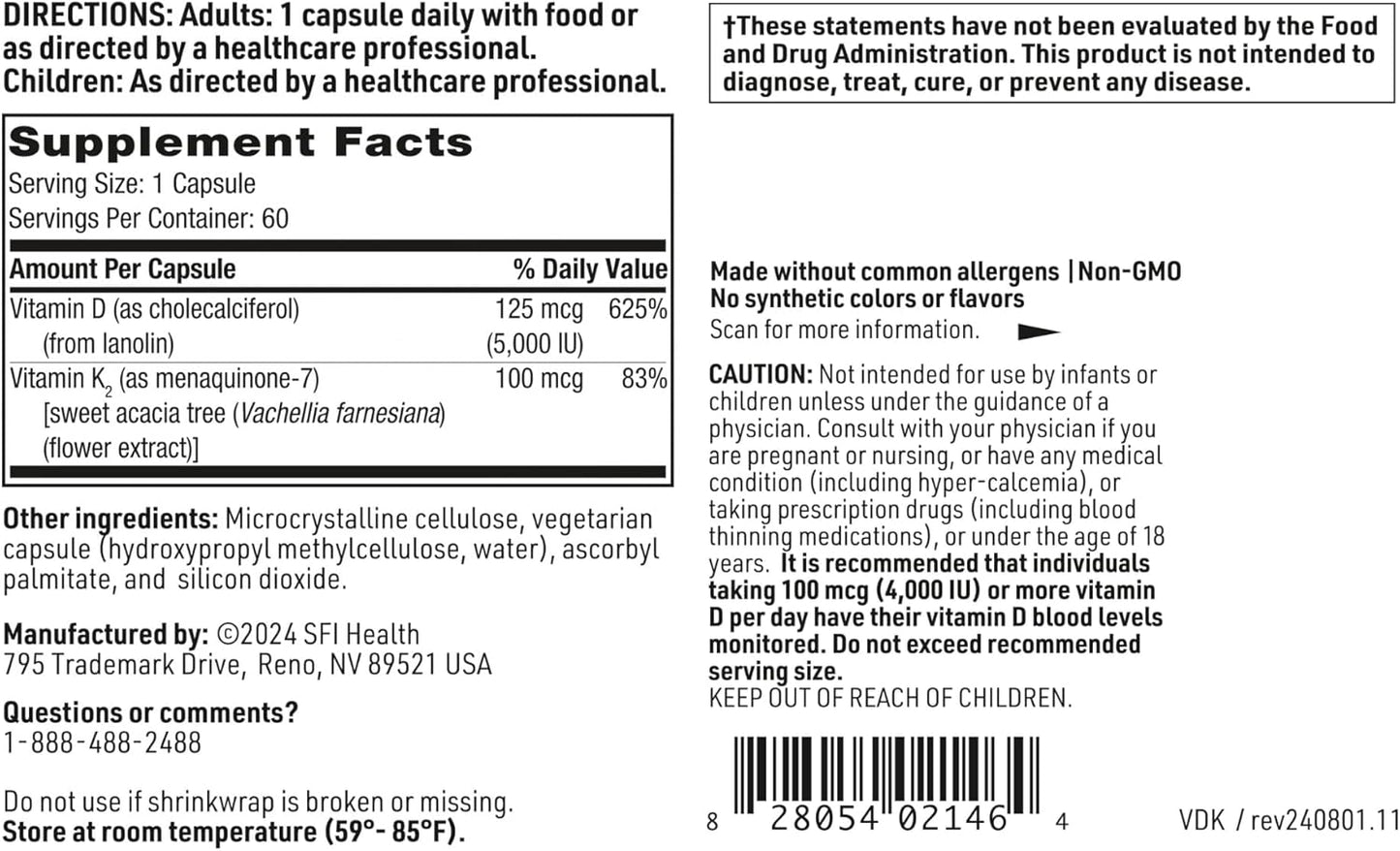 Klaire Labs SFI Health Vitamin D Plus K - Bioavailable Vitamin K2 D3 Supplement for Bone & Immune Support - Each Capsule Delivers D3 5000 iu & K2 100 Mcg (60 Capsules)